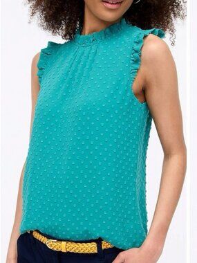 J. Crew Teal Clip Dot Ruffle Neck Sleeveless Blouse Size XXS NWT